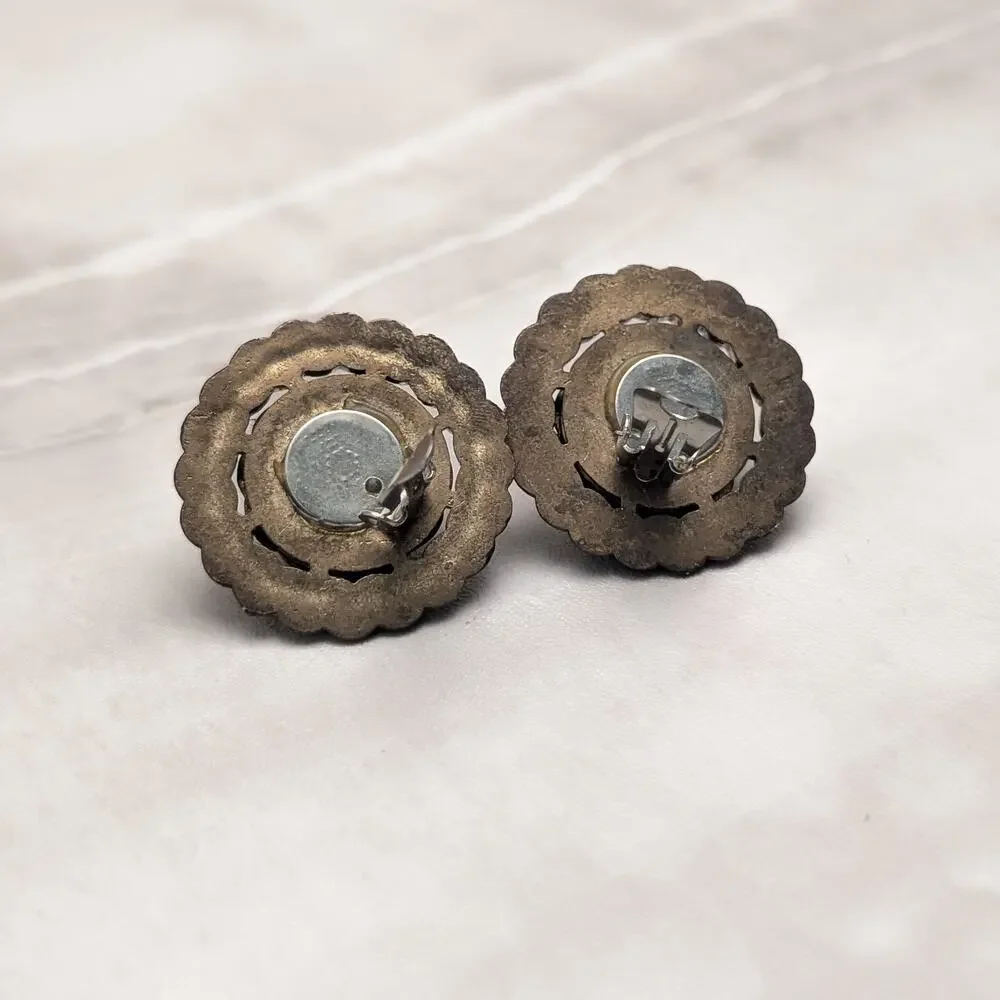 Vintage Clip On Earrings Large Chunky Statement Dark Bronzeish Tone Faux Pearl
